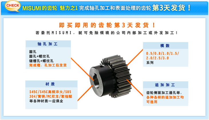 MISUMI的齿轮 魅力之1 完成轴孔加工和表面处理的齿轮第3天发货！