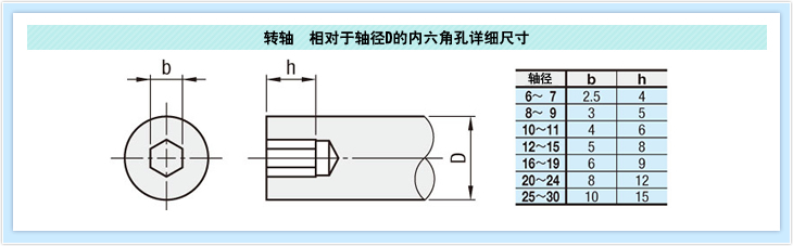 转轴　相对于轴径D的内六角孔详细尺寸